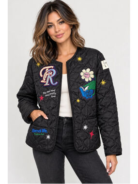 Women's First Row Quilted Puffer Jacket Size M Black Multicolor Patched